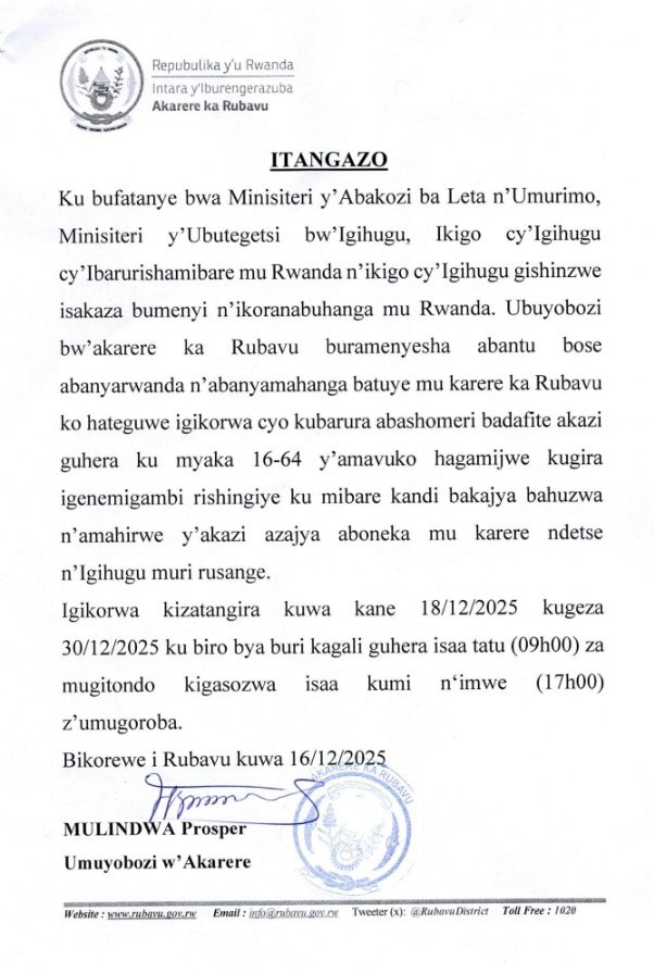 ITANGAZO RIREBANA NO KUBARURA ABASHOMERI BADAFITE AKAZI GUHERA KU MYAKA 16-64 Y'AMAVUKO.