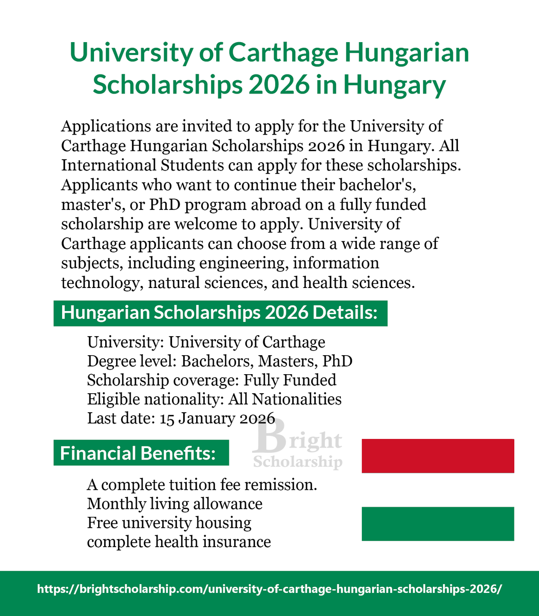 University of Carthage Hungarian Scholarships 2026 in Hungary (Fully Funded)

Degree level: Bachelors, Masters, PhD
Last date: 15 January 2026

Apply Link: brightscholarship.com/university-of-…

#BrightScholarship #FullyFunded #Scholarship #Hungary #Students #studyabroad #study #studyinHungary