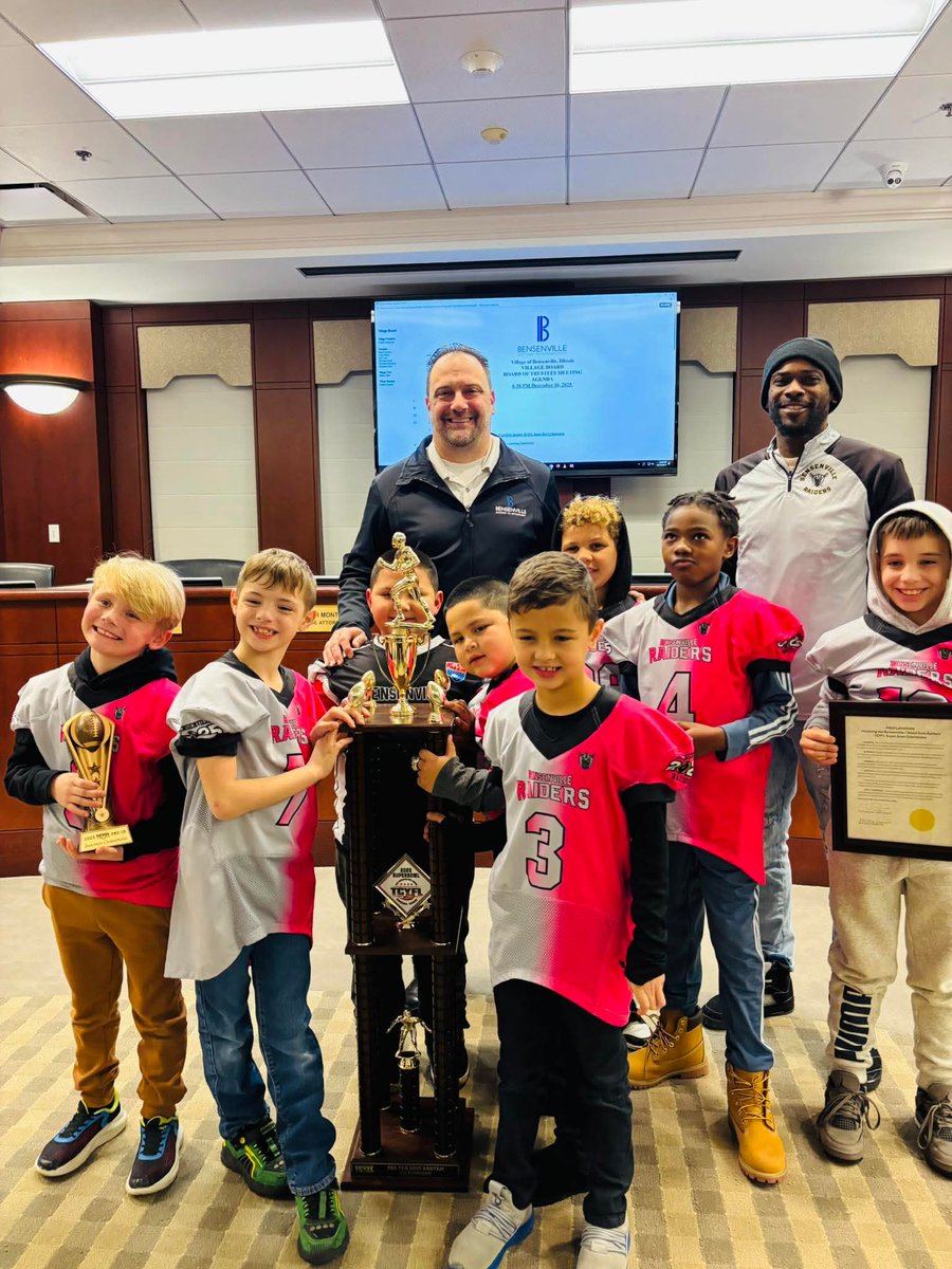 Thanks to the <a href="/BensenvilleIL/">Bensenville, IL</a> and President #FrankDeSimone for recognizing our Bantam Championship🥇 team today at their town hall meeting. The boys were honored for their hard work and dedication this season. 🏆 #RaiderNation