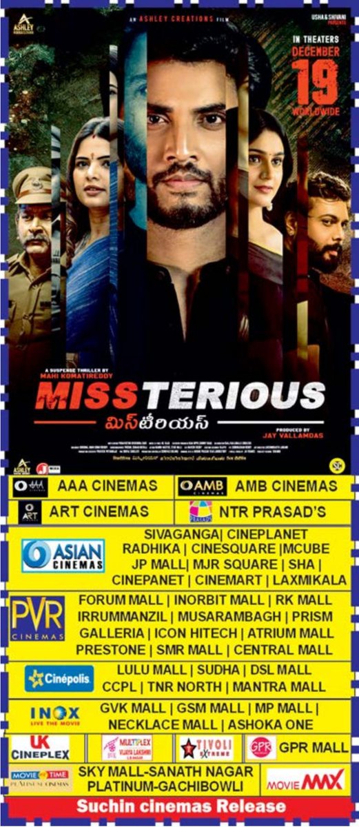 TMSRUpdates's tweet photo. #TMSRUpdates 💥
#Missterious In Cinema's From December 19th 💥
TS & AP Theatres Chart
#MissTeriousOnDec19th
@JMedia_Factory
#Rohitsahni #RiyaaKapoor
#AshleyMusicIndia #AbidBhushan #DirectorVema #BalarajWadi #MeghnaRajput #RamuBunny https://t.co/bmvFlmMj0W