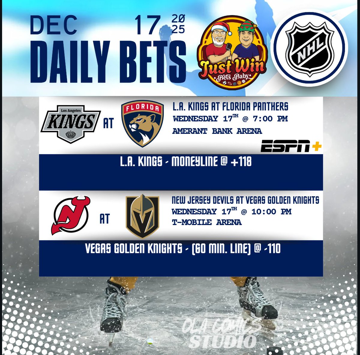JustWinBetsBaby's tweet image. NHL DAILY PICKS for (12.17.25).  We went 2-0 and 4-2 since Sunday.  We move to Wednesday night's matches &amp;amp; here is what we have:

@LAKings AT @FlaPanthers (7:00 PM EST)
@NJDevils   AT @GoldenKnights (10:00 PM EST)

Good luck everyone &amp;amp; let's continue the streak!

#NHL #NHLPicks…