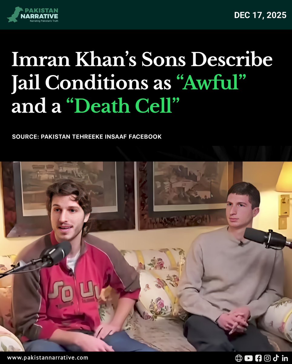 The sons of former Prime Minister Imran Khan have raised serious concerns about his jail conditions, calling them “awful” and describing his cell as nothing short of a “death cell.” They claim he is being kept in near darkness, with frequent electricity outages and access to