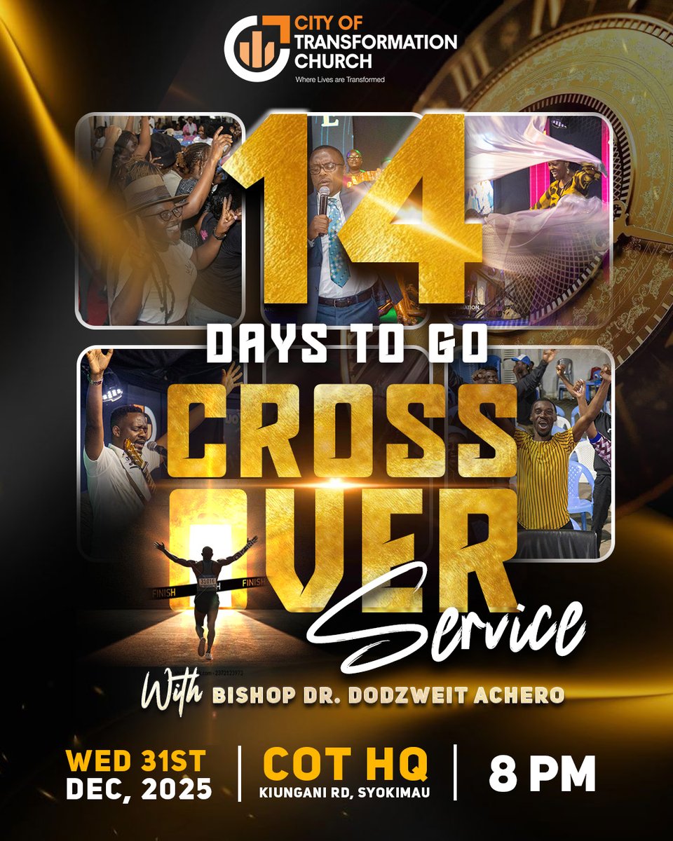 The countdown continues!
 14 Days to go until our Cross Over Service 🚀
End the year in God’s presence and step into the new one with clarity and power.

📍 COT HQ, Syokimau | 🕗 8 PM