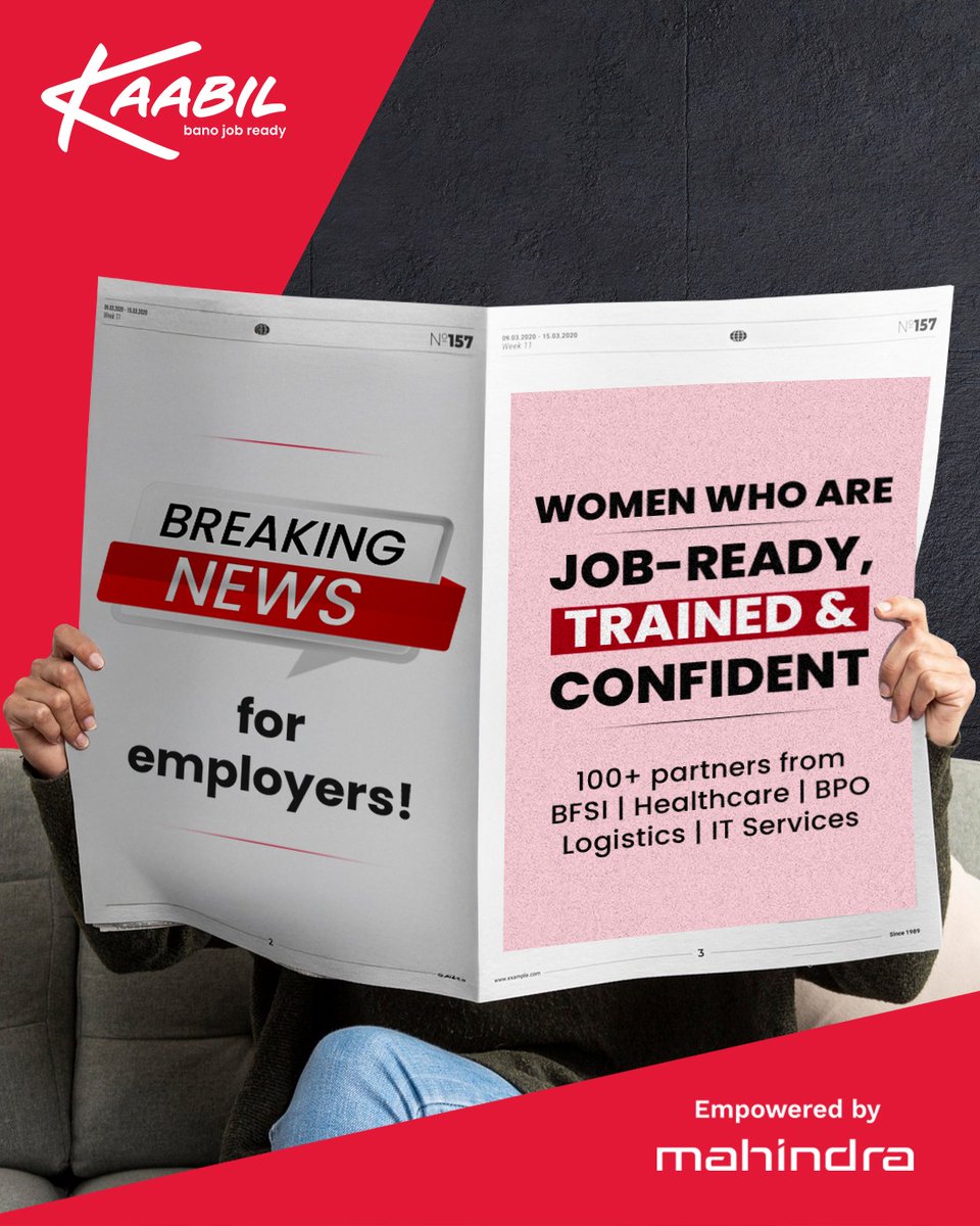 kaabilprogram's tweet photo. If you’re an employer, Kaabil connects you with workplace-ready women through career-relevant skilling, guidance. Our candidates are confident and ready to contribute from day one. Sign up your organisation on the website today!

#BanoJobReady #JobsForWomen #WorkingWomen #Hiring https://t.co/TtvwZJmeZr