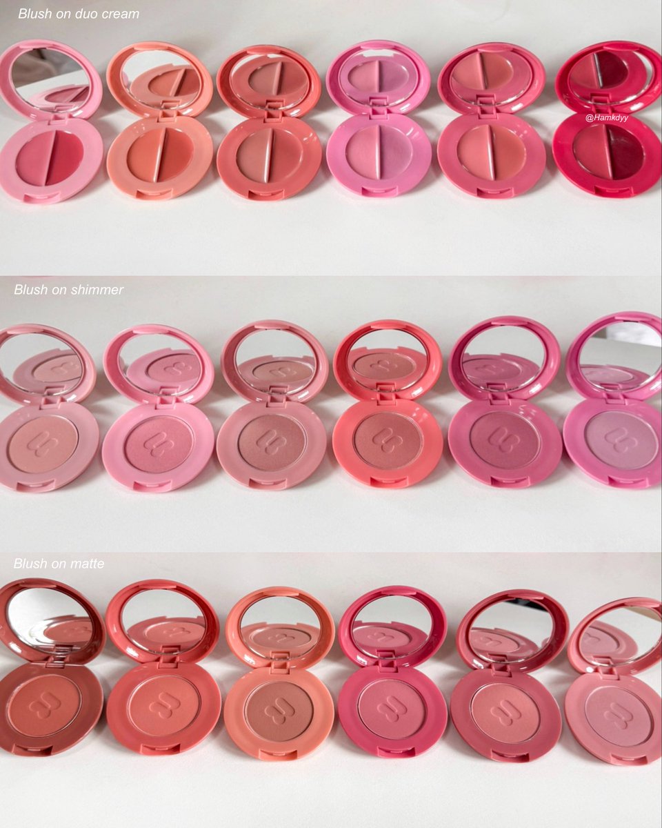Hamkdy_'s tweet photo. แปะสวอชบลัชใหม่ 4u2 ครบ 18 สี🔖 

เนื้อ matte/shimmer/duo cream ออกมาสามเนื้อเลย จะบอกว่าชีปรับเนื้อฝุ่นมาให้ฟุ้งกว่าเดิมแล้ว สีนัวๆละมุนเลย ไม่ปื้น บลัชครีมก็สวย ฉ่ำ ทน เบลนแล้วไม่หาย เคาะทุกเนื้อ! https://t.co/siYwXCx0OK