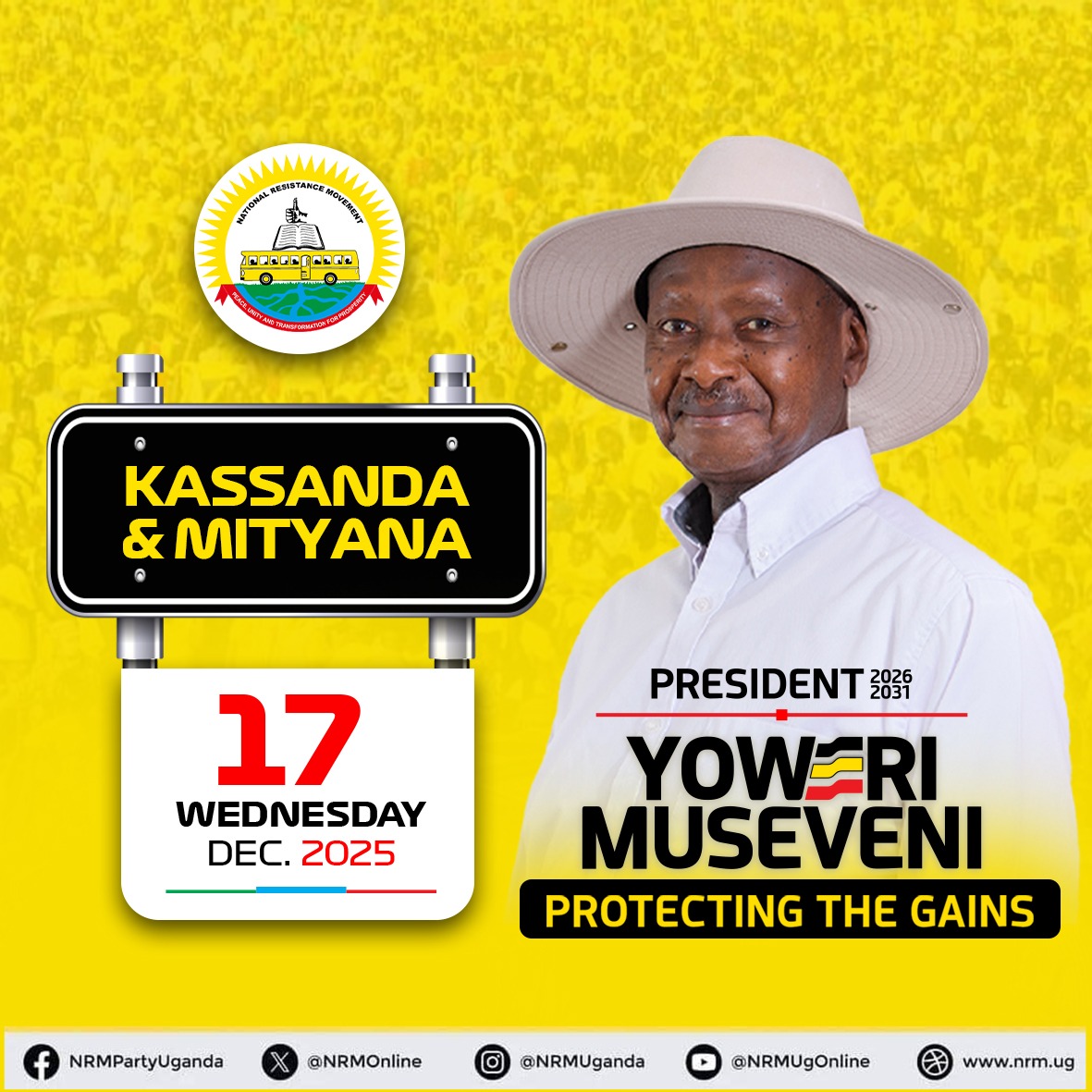 UPDATE: The NRM Presidential Flagbearer, <a href="/KagutaMuseveni/">Yoweri K Museveni</a>, will today engage residents of Kassanda and Mityana districts, with two major rallies scheduled in the respective areas.

<a href="/AaronKaviiri/">🅰️aron.A.Kaviiri Ateenyi</a> <a href="/AhmedKayiira/">GEN. MUHOOZI KAINERUGABA OUR NEXT PRESIDENT.</a> <a href="/influencer74/">DIVAN 𝕏 🐐</a> <a href="/Kigeziteensmg/">Kigezi Teens Magazine</a> <a href="/ykyabalongo/">Yunusu L. Kyabalongo</a> 
<a href="/Analyst_emma/">Ânalyst Émma 🇺🇬</a> <a href="/job_matua/">Matua Job Richard, MJR</a>