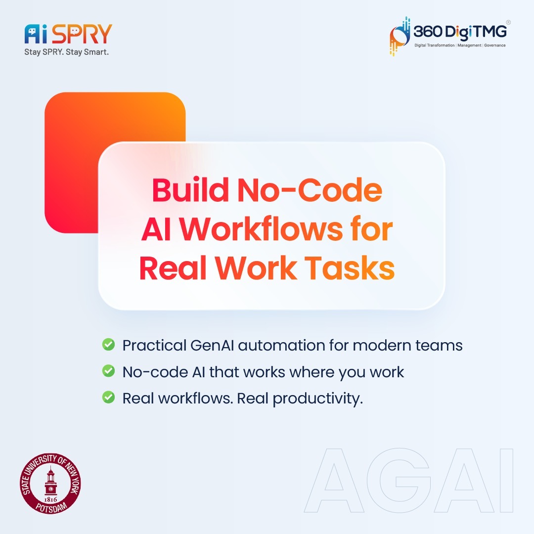 360digitmg's tweet image. Build No-Code AI Workflows for Real Work Tasks🚀

AI is no longer optional. Organisations are rapidly adopting GenAI and agent-based systems to automate everyday work, speed up decisions, and reduce repetitive tasks📈

🔗 Visit Now: ai.360digitmg.com/agai-applied-g…

#NoCodeAI #AIWorkflows