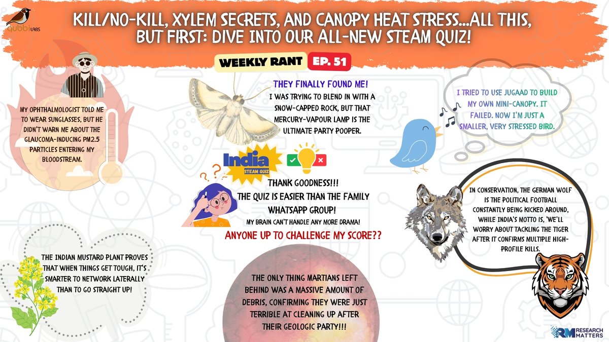 Martian fossils, Mustard plumbing, and a Himalayan moth-fest: Episode 51 is all about 'Kill or No Kill,' stinging smog, and stressed songbirds—plus, the ultimate India STEAM Quiz! 

Check: researchmatters.substack.com/p/indian-musta… and don't forget to play the #quiz, #scidle and share it with your