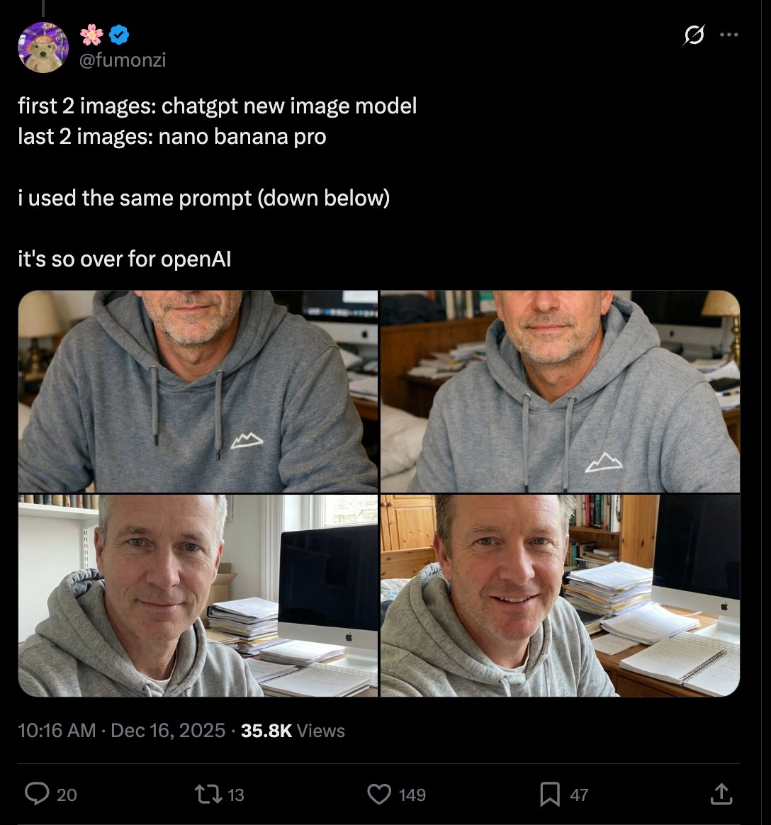 Smol_AI's tweet image. [16 Dec 2025]

OpenAI GPT Image-1.5 claims to beat Nano Banana Pro, #1 across all Arenas, but completely fails Vibe Checks

news.smol.ai/issues/25-12-1…

Shipping anything is hard, so we rarely call out misses, and OpenAI rarely misses. But this was clearly a miss.
