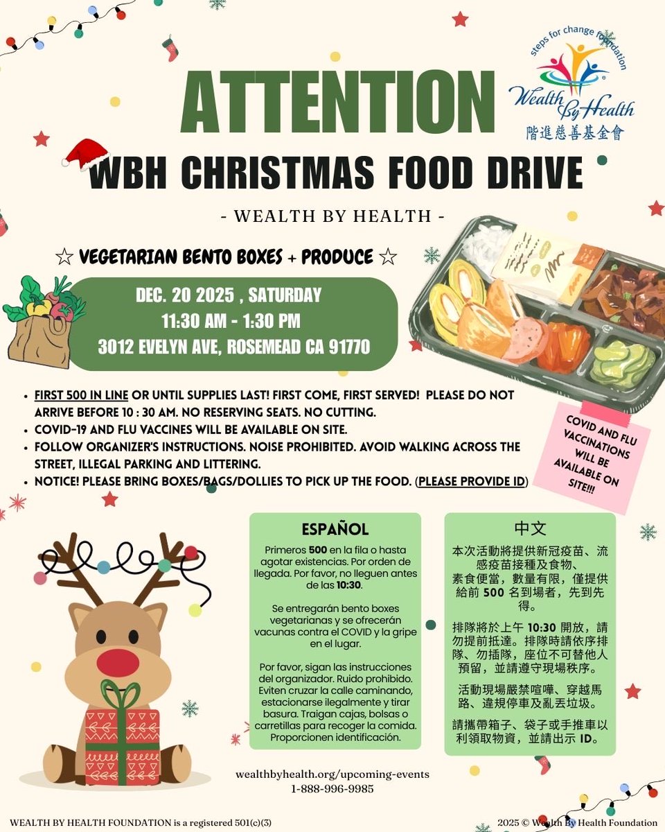 wbh_org's tweet photo. 📢 Attention! WBH is excited to announce a special December food drive on Dec 20th! 🎁🎄
📍 Dharma Seal Temple Back Gate
📅 Saturday, Dec 20 | ⏰ 11:30 AM - 1:30 PM
📌 3012 Evelyn Ave., Rosemead, CA 91770
🛒 Food Pantry and Vaccinations
💌 All services are FREE! https://t.co/HEFV3V4EOO