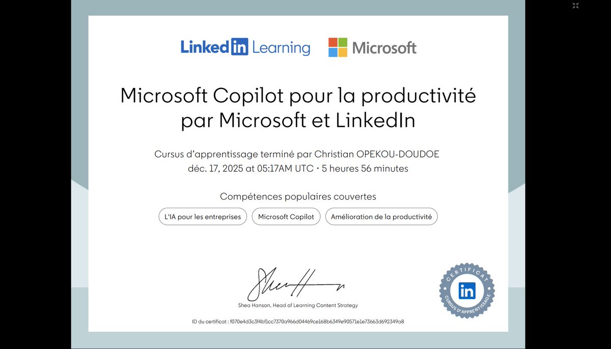 LerocherC's tweet photo. Officiellement certifié sur Microsoft Copilot ! 🎓✨
De la maîtrise du Prompt Engineering à l'automatisation des workflows sur la suite Office, je passe à la vitesse supérieure pour une productivité décuplée.
Vous utilisez Copilot au travail ?
#AI #Microsoft #Tech @jamila_go https://t.co/cY96wOFl2W