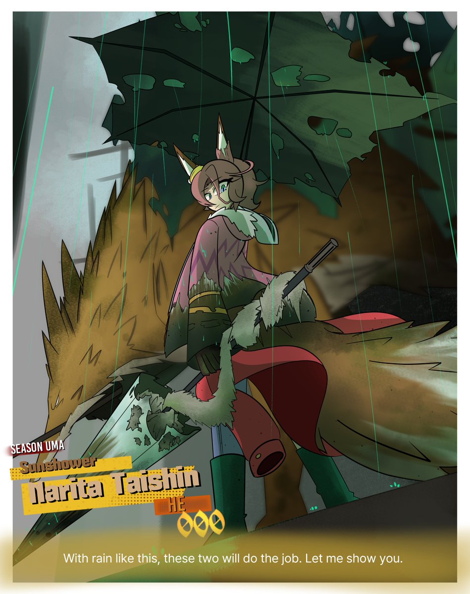 'She knows which umbrellas of grandiose gesture to discard. She knows which genuine article shields her from the rain. From there she knows which to keep.'

This one took a bit but I'm so proud of how it came out. Limbus x Uma, this time with Narita Taishin and 'Drifting Fox'