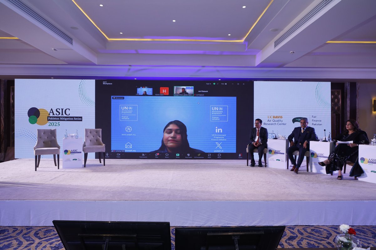 fair_pakistan's tweet photo. Plenary IV at #ASICPakistan Mitigation Series spotlighted #Finance as catalyst for #CleanAir. Chaired by @UNEP_FI &amp; @PIPS_GOV with @StateBank_Pak, @ZlkKhan &amp; @TheNBPak, discussions focused on operationalizing SBP’s Green Taxonomy &amp; sustainability-linked lending. #repurposefinance https://t.co/ywUK15Ff43