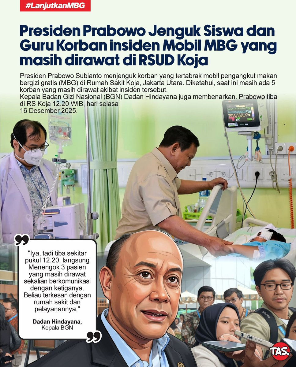 AnggelaTijam's tweet photo. Dengan penuh kepedulian, Presiden Prabowo menjenguk siswa dan guru korban insiden mobil MBG di RSUD Koja. Doa dan perhatian negara menyertai proses pemulihan mereka.
#LanjutkanMBG
Kerja Nyata

générative Halu 150 Jam tni kita https://t.co/g6gI4o59Hx
