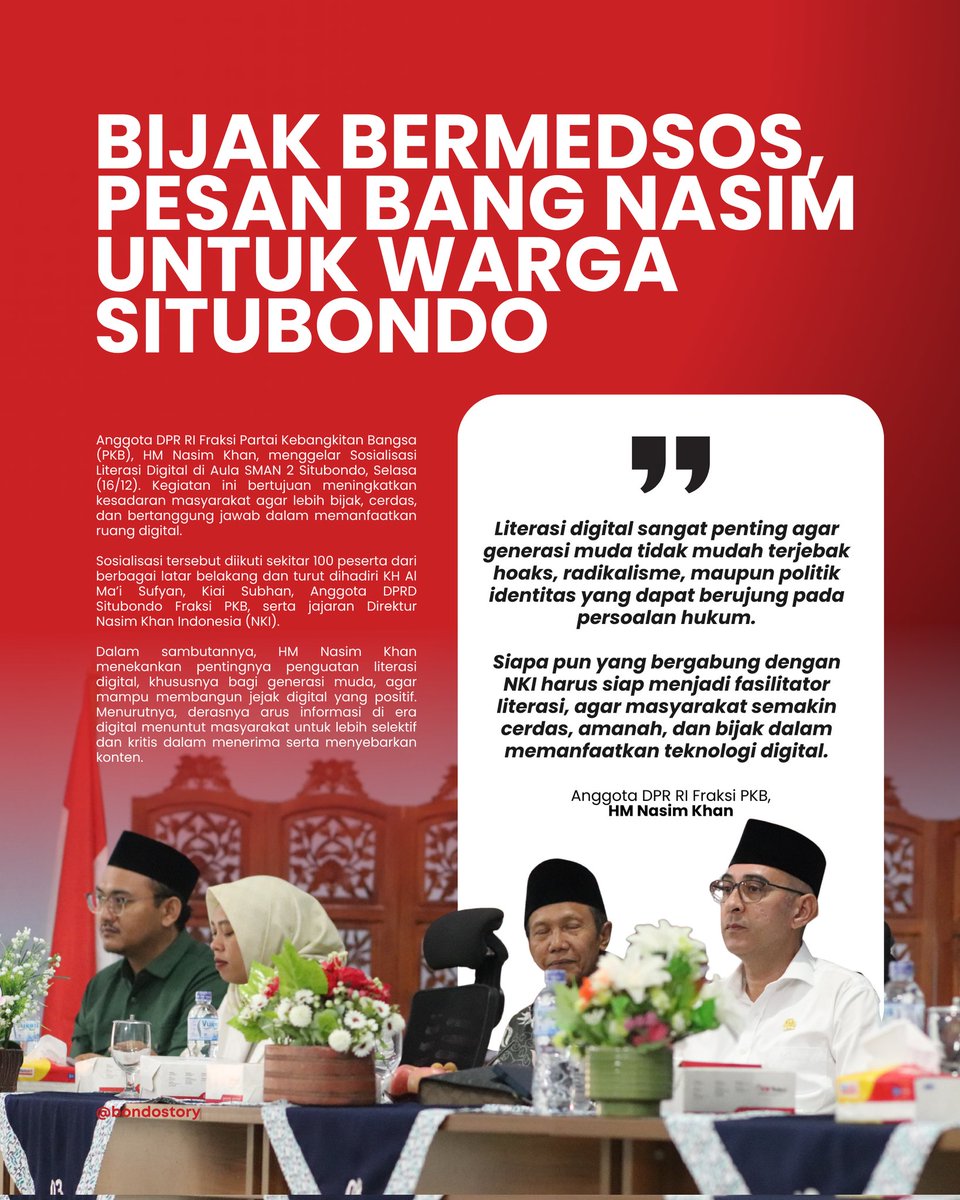 bondostory's tweet photo. HM Nasim Khan Dorong Literasi Digital untuk Cegah Penyalahgunaan Media Sosial di Situbondo

SITUBONDO – Anggota DPR RI Fraksi Partai Kebangkitan Bangsa (PKB), HM Nasim Khan, menggelar Sosialisasi Literasi Digital di Aula SMAN 2 Situbondo, Selasa (16/12). https://t.co/CfJLDa288Y