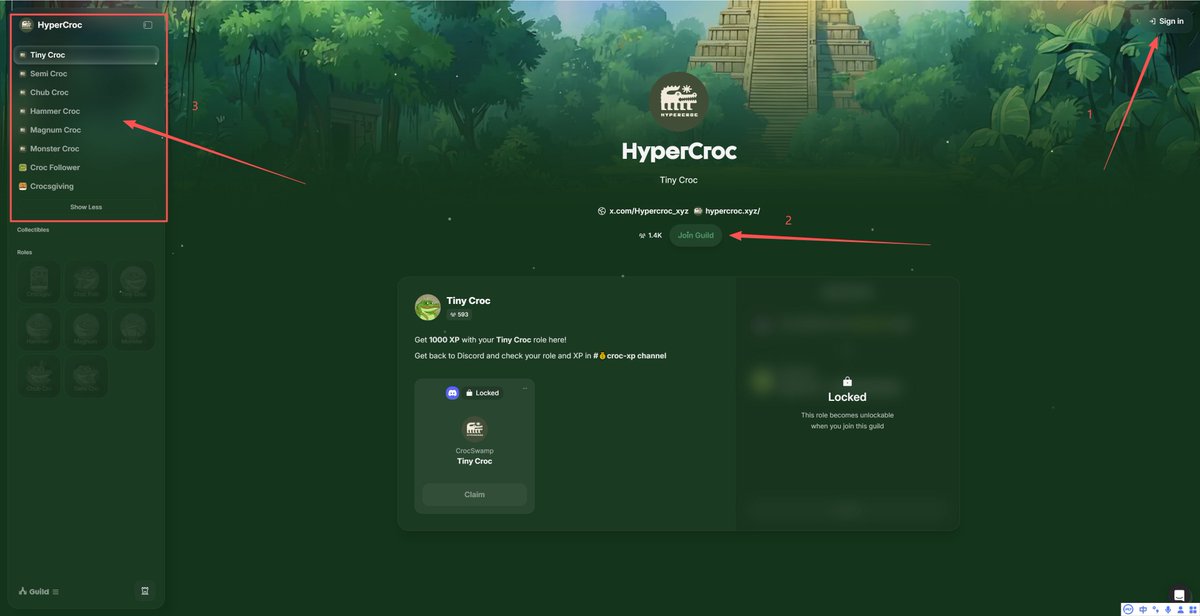 1.注册登陆guild平台
2.加入hepecroc频道
3.任务及奖励列表
<a href="/Hypercroc_xyz/">HyperCroc</a>