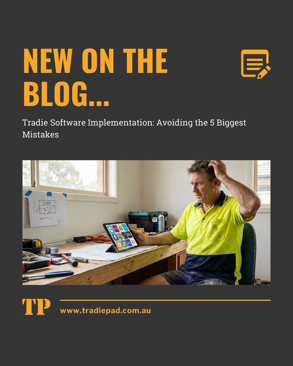 tradiepad's tweet photo. New blog - Tradie Software Implementation: Avoiding the 5 Biggest Mistakes.

If software has ever felt harder than your old paper system, this will help. Read here: https://t.co/mS3UFIUXlE

#tradie #tradiebusiness #softwareimplementation #jobmanagementsoftware https://t.co/6xPitstZqC