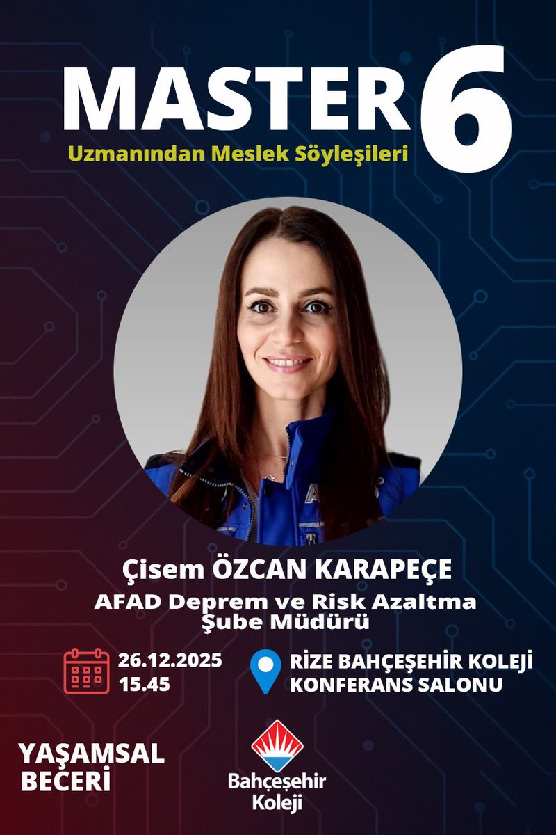 Master 6 Aralık Ayı Meslek Uzmanı Söyleşisi Konuğumuz AFAD Deprem ve Risk Azaltma Şube Müdürü Sayın Çisem Özcan Karapeçe olacaktır.