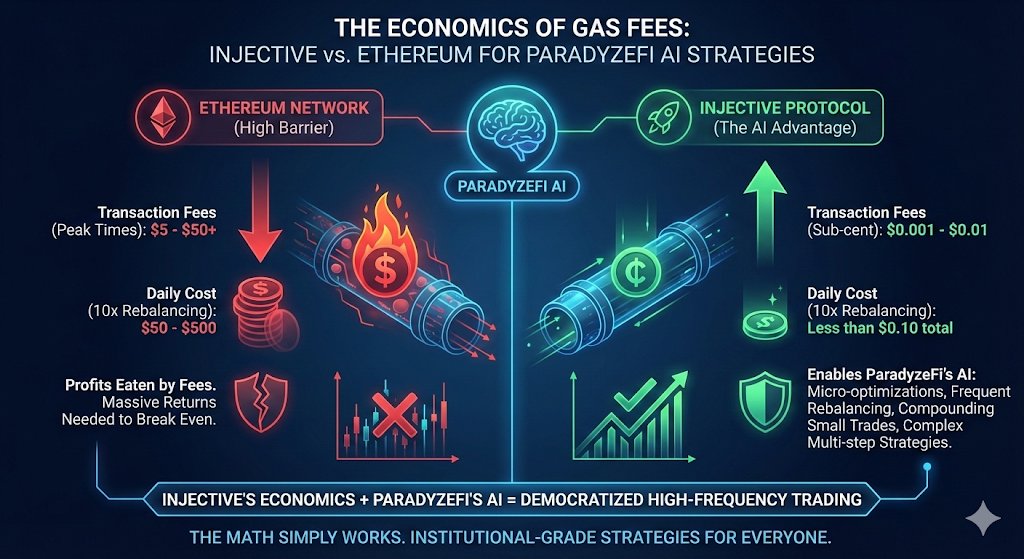 BuddyBuilderr's tweet image. The economics of gas fees: Why @injective's fee structure makes @ParadyzeFi's AI strategies viable 💸

Ethereum gas fees: $5-$50 per transaction during peak times. If an AI rebalances your portfolio 10x daily, you're losing $50-$500 just in fees. Your strategy needs massive…