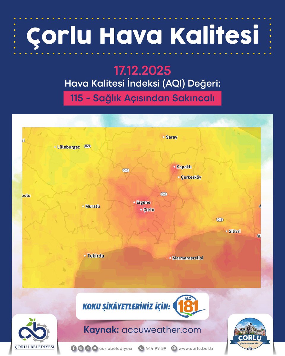 asarikurt's tweet photo. 😷 Çorlu’da bugün hava kalitesi 115 seviyesinde ölçüldü ve bu değer “sağlık açısından sakıncalı” olarak değerlendiriliyor.

💪🏻 Daha temiz ve sağlıklı bir çevre için tüm Çorlu halkının duyarlılığı büyük önem taşıyor.

🔔 Kent genelinde hissedilen kötü koku konusunda şikâyet ve bildirimlerinizi ALO 181 hattı üzerinden Çevre, Şehircilik ve İklim Değişikliği Bakanlığı’na iletebilirsiniz.