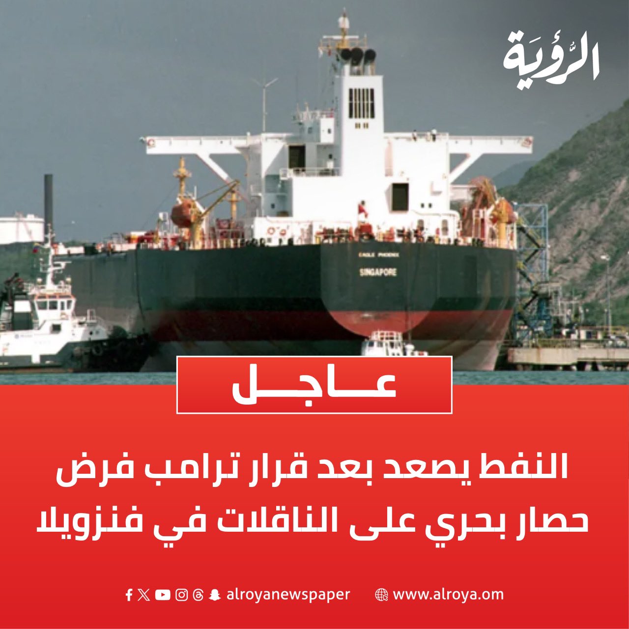 رويترز: صعدت العقود الآجلة للخام الأمريكي 1.3% أي 72 سنتا، لتصل إلى 55.99 دولارا اليوم الأربعاء، بعد قرار ترامب فرض حصار "كامل وشامل" على جميع ناقلات النفط الخاضعة للعقوبات التي تدخل فنزويلا أو تغادرها 