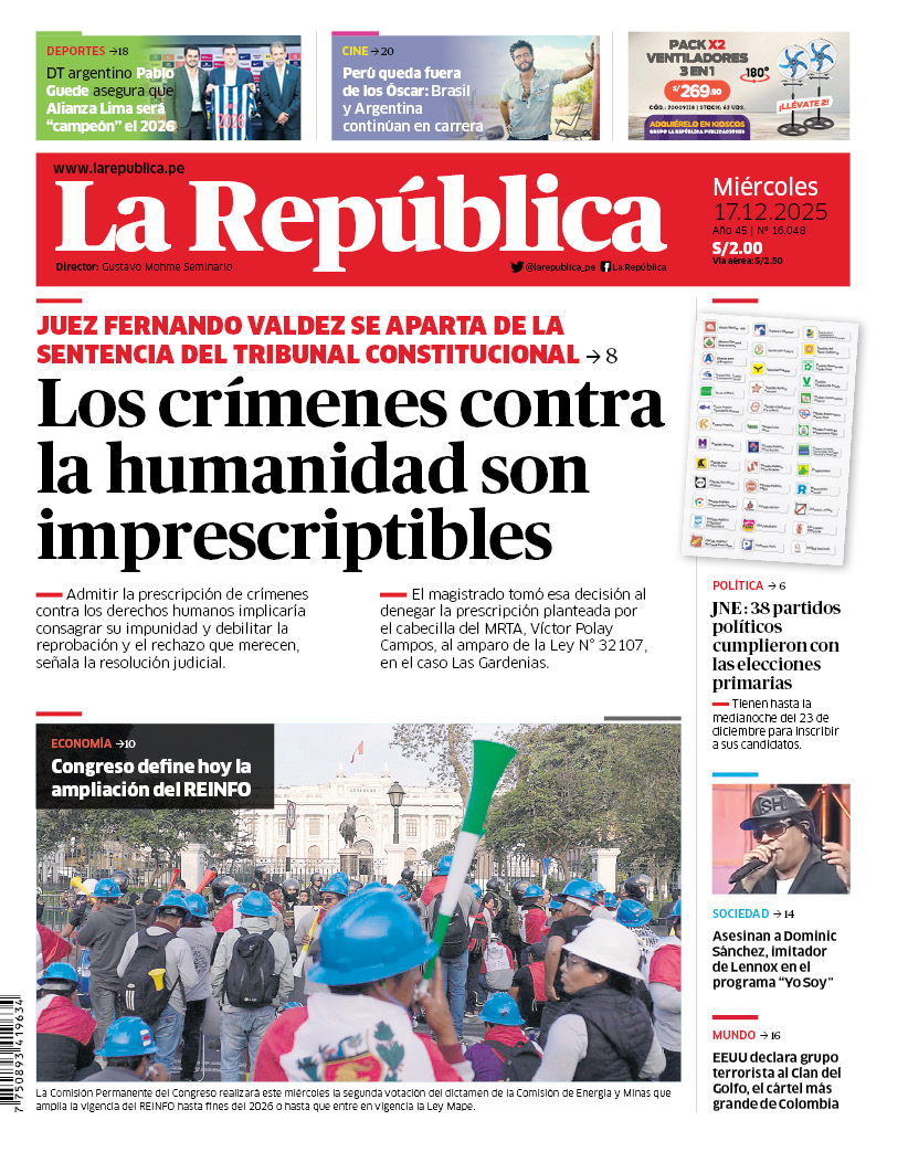 larepublica_pe's tweet photo. 🗞 ¡Buenos días! 👋 Esta es nuestra portada de hoy, miércoles 17 de diciembre de 2025 📰

➡️ Recuerda que también puedes leer nuestra versión impresa aquí: https://t.co/XCr3KsOi6u https://t.co/HHf2N38Nnz