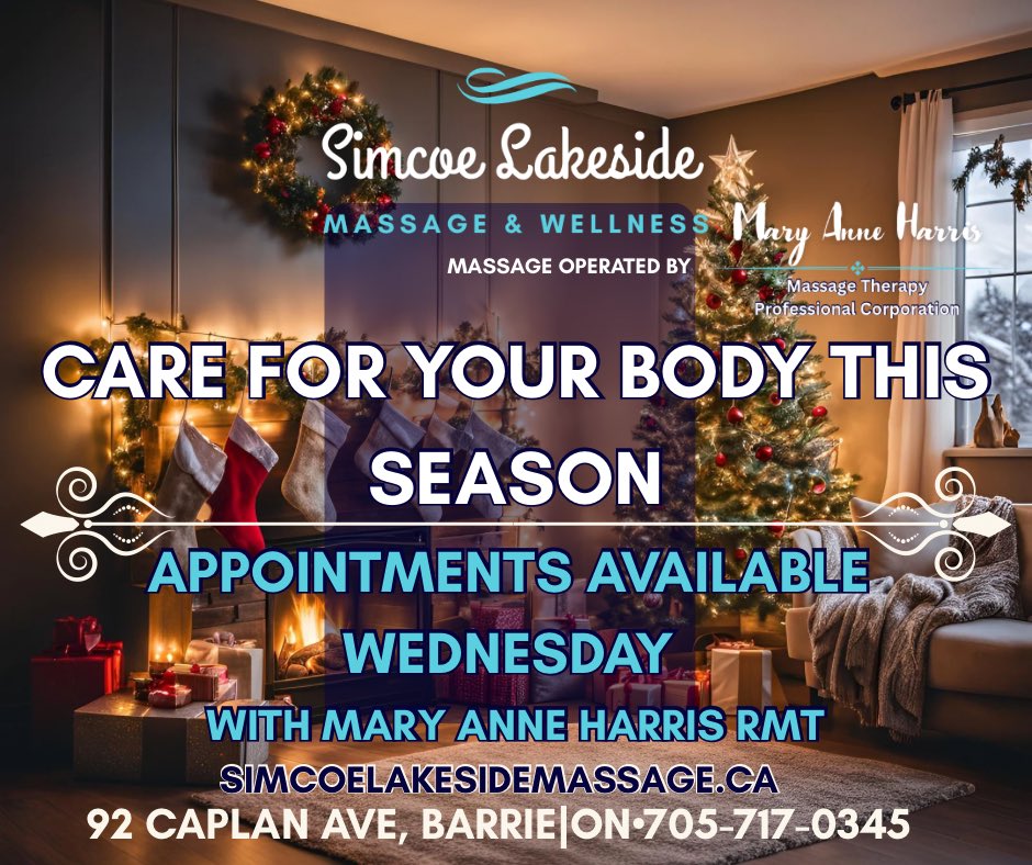 The holidays are busy — your body still needs care 🎄
If you have massage benefits left, now is a great time to use them.
simcoelakesidemassage.ca

#HolidayWellness #MassageTherapy