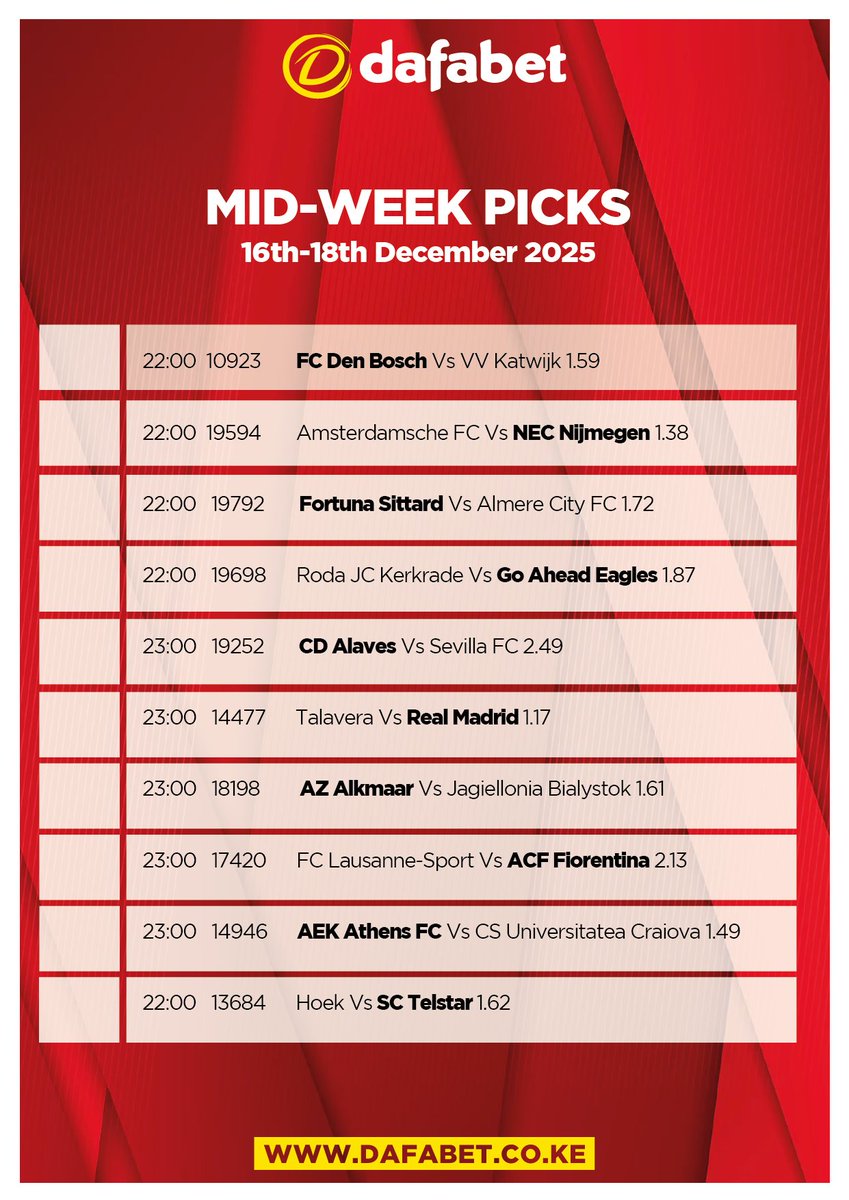 Check out our MIDWEEK SPECIALS
to make your selections.
18+ BET RESPONSIBLY | Be Gamble Aware | Gambling can be addictive BCLB NO BK-0001237
#DafaSpecials #TukoGame