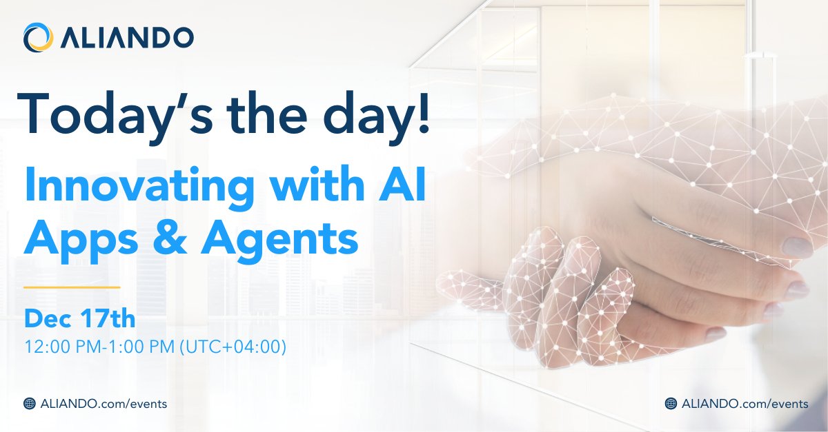 🚀 Today’s the day!

Join Microsoft and ALIANDO for the ‘Innovating with AI Apps &amp; Agents’ webinar.

Learn how to accelerate workflows with AI Agents and see real-world AI Apps in action—unlock strategies for measurable impact.

Don’t miss out—Register now: