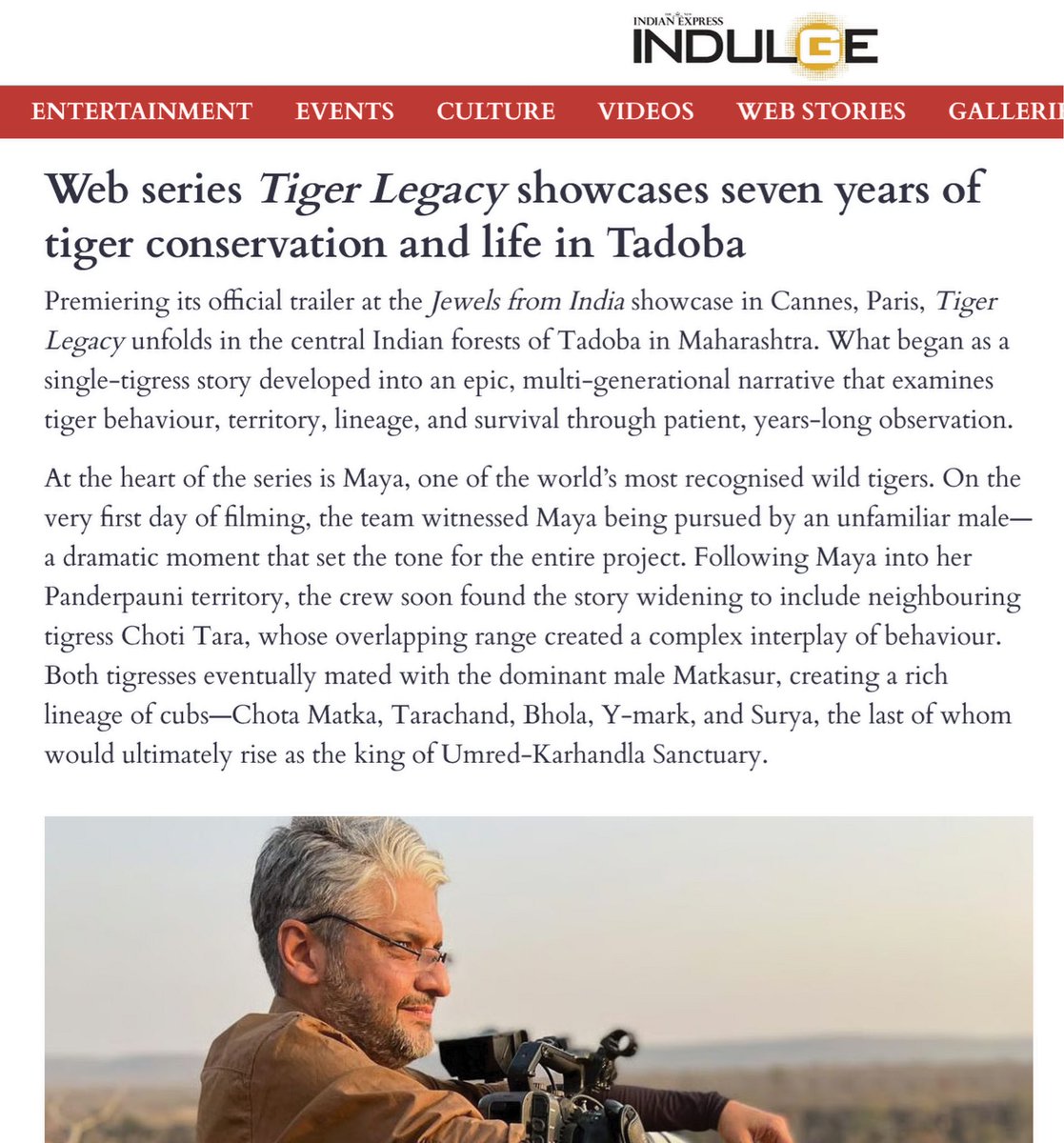Happy to see that our new film series Tiger LEGACY has been featured by Indian Express in "Indulge"
A tribute to Tadoba’s famous tiger dynasties. Good to see Tadoba's tigers spread their genes  in many other parts of India also including Sahyadri TR
indulgexpress.com/.../wildlife-w…...
