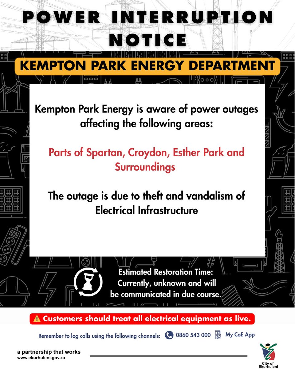 Sanibonani bahlali base Kempton Park. Please take note of the following power interruption for the areas listed below.

#COEPower #COEWorks