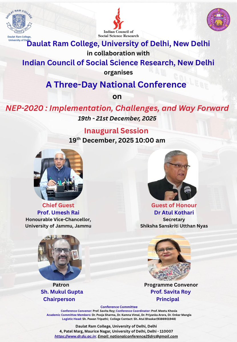 drc_du's tweet photo. Daulat Ram College, University of Delhi, in collaboration with the Indian Council for Social Science Research (ICSSR), New Delhi, is proud to host a National Conference on
🎓 “NEP-2020: Implementation, Challenges, and Way Forward”
📅 19th – 21st December 2025 https://t.co/E6zqEbv9sI