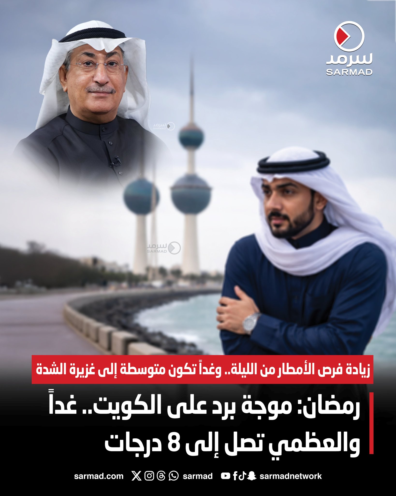 عاجل - عيسى رمضان: موجة برد على الكويت غداً.. والعظمي تصل إلى 8 درجات. زيادة فرص الأمطار من الليلة.. وغداً تكون متوسطة إلى غزيرة الشدة #أمطار_الكويت 