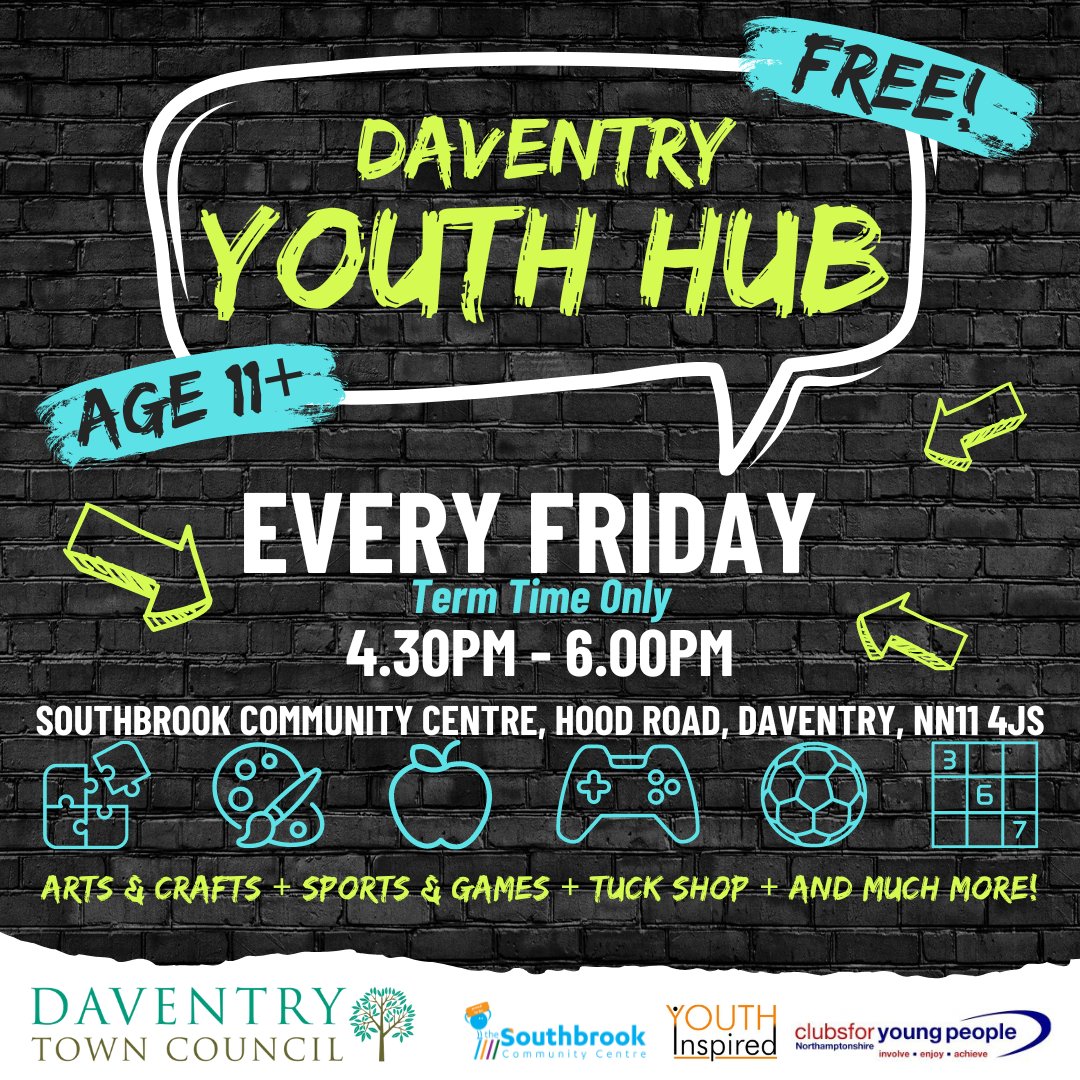 ⚽️ 🎮 🎨 Come along to Daventry Youth Hub for the FINAL session before the Christmas School Holidays⚽️ 🎮 🎨
📍Southbrook Community Centre
⏰ 4.30pm - 6pm
😀 New faces always welcome
✏️ Organised by Youth Inspired