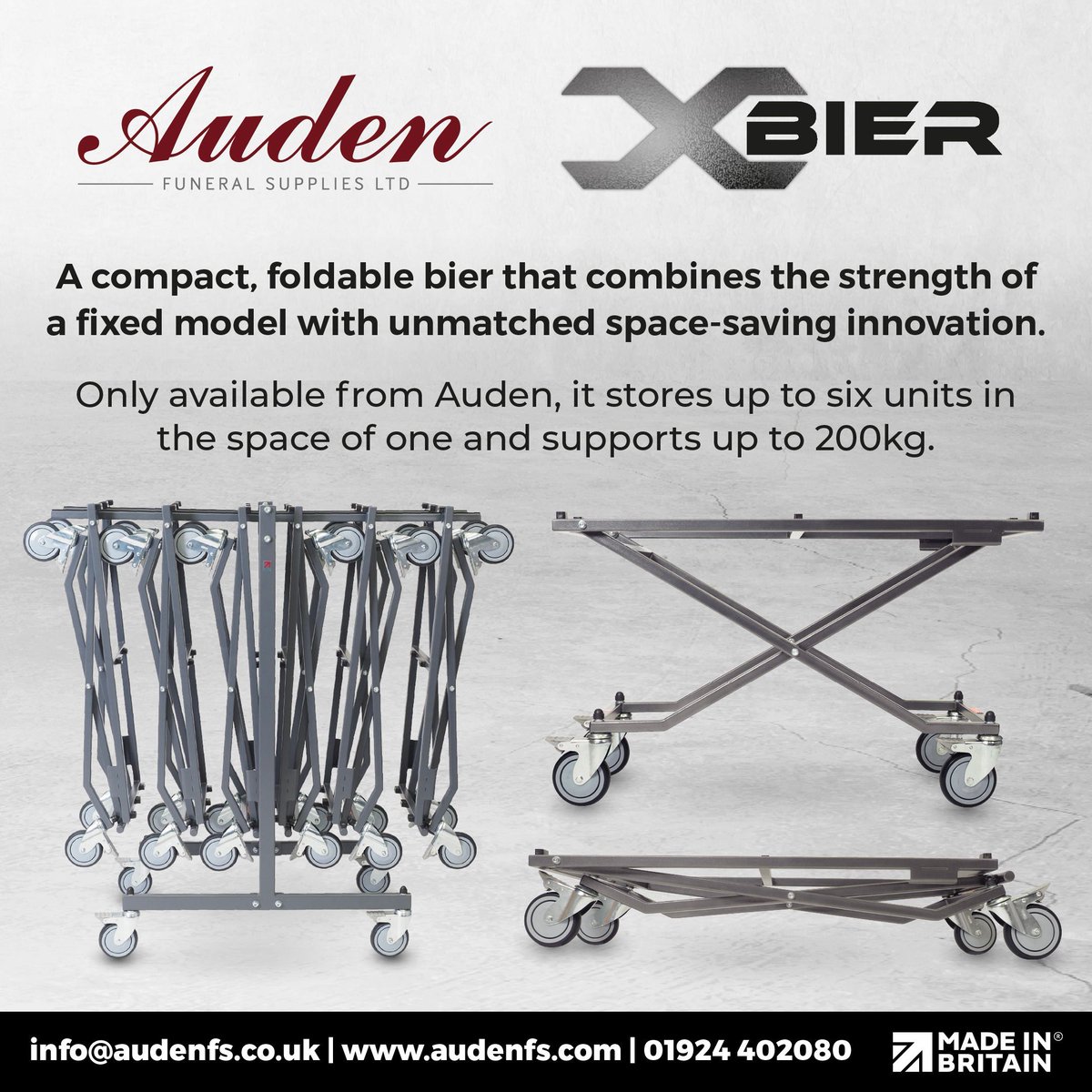 This compact but strong bier is designed to be just as good as the standard fixed bier, but with a smaller storage footprint.

Perfect for funeral homes, churches, and mortuaries, the X Bier offers flexibility and convenience like never before. 

🌐 audenfs.com