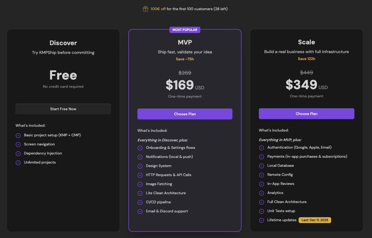 New pricing for <a href="/KMPShip/">KMPShip</a>!

I've listened to your feedback and now offer these 3 tiers:

- Discover (Free) Basic KMP + Compose setup with DI &amp; navigation. Try before you commit.
- MVP ($169) Ship fast, validate your idea. Onboarding, notifications, networking, design system,
