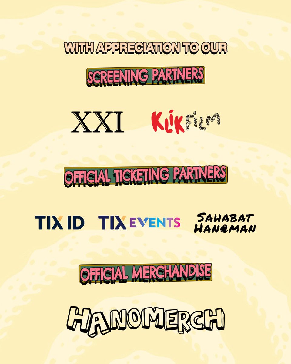 Thank you to our screening and ticketing partners, also our official merchandise for bringing the #JAFF20 film experience to life. Your support made it possible for audiences to enjoy every story on the big screen and beyond.

We deeply appreciate your partnership!

#JAFFJogja