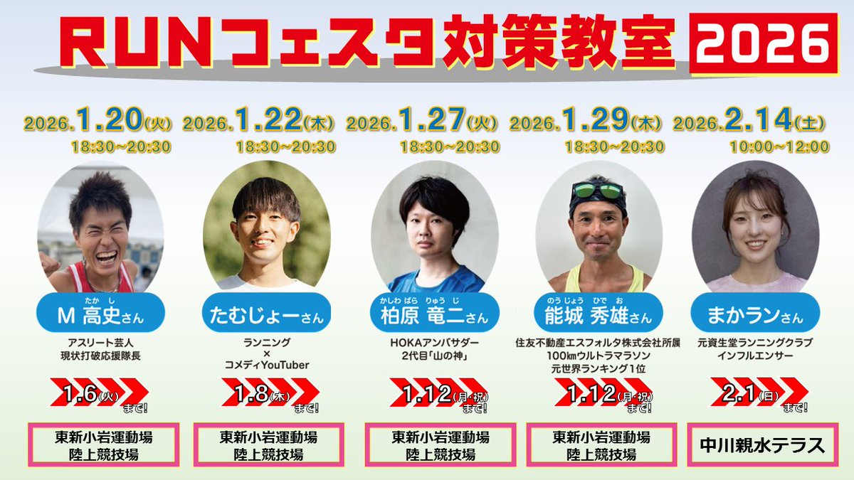 ＼ＲＵＮフェスタ対策教室募集開始!!／
豪華ゲストランナーを講師にお招きした対策教室の受付開始！
今大会では、エントリーしていない方もご参加いただけますので、奮ってお申込みください！
【申込みはこちら　→　logoform.jp/form/Ehiz/1347…】