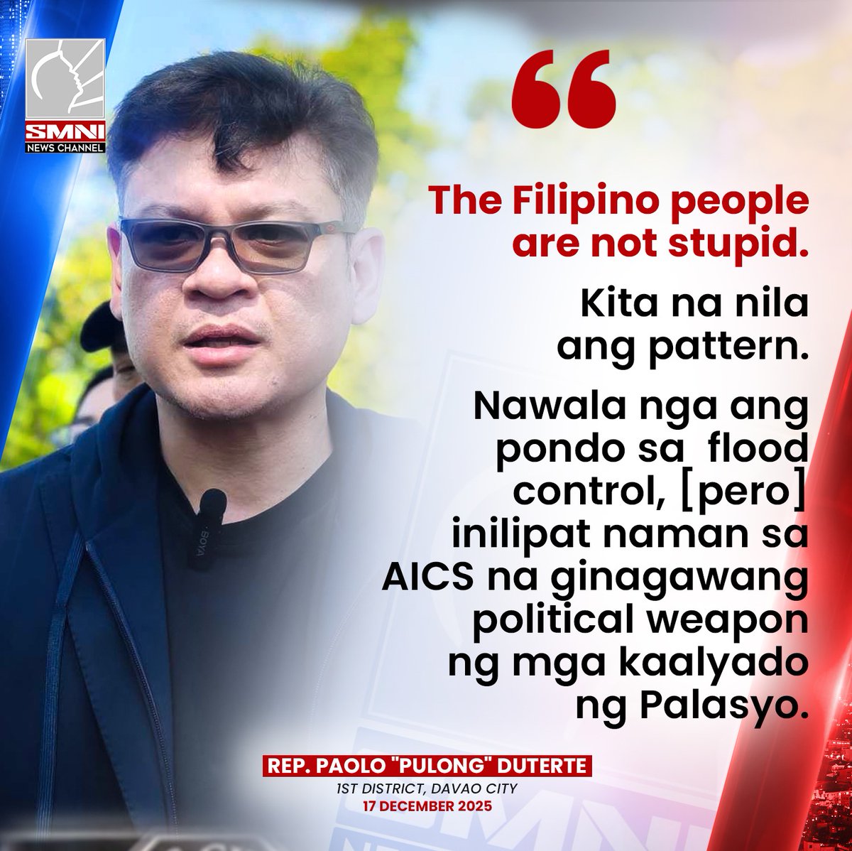 "WE ARE NOT STUPID"

Hindi na maloloko ng mga mapang-abuso ang taumbayan—iyan ang iginiit ni Davao City 1st District Rep. Paolo “Pulong” Duterte.

(1/4)