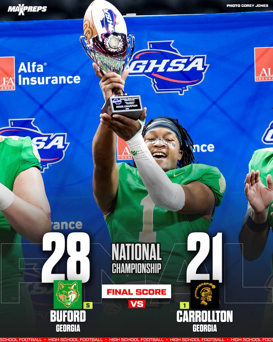 No. 5 Buford comes up big in second half to beat No. 1 Carrollton 28-21 for Georgia Class AAAAAA state title and national championship 🐺🟢🏆 <a href="/buford_football/">Buford Football</a> 

Game Story ⬇️
maxpreps.com/news/_I9gAyOBs…