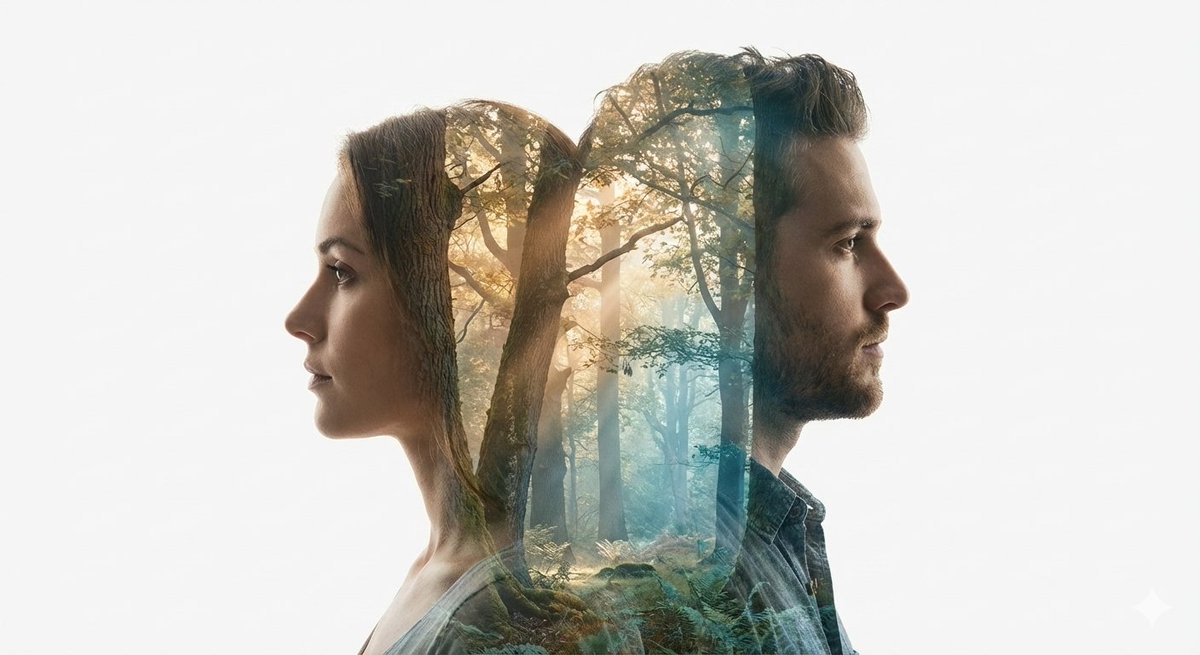 Cinematic Double-Exposure Portrait of Contrast and Connection — example 2