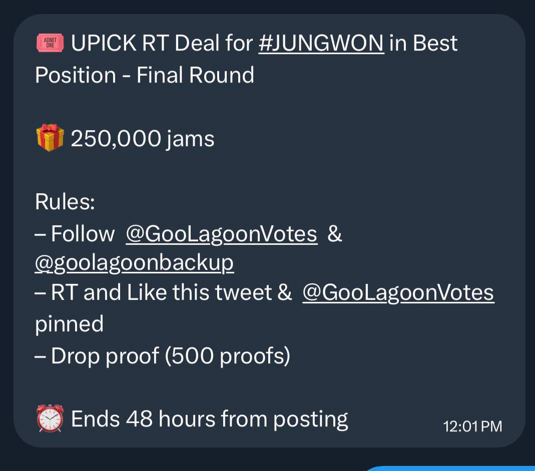 JUNGWONGLOBAL's tweet image. 🎟 UPICK RT Deal for #JUNGWON in Best Position - Final Round 

🎁 250,000 jams

Rules:
– Follow @GooLagoonVotes &amp;amp; @goolagoonbackup
– RT and Like this tweet &amp;amp; @GooLagoonVotes  pinned
– Drop proof (500 proofs)

⏰ Ends 48 hours from posting