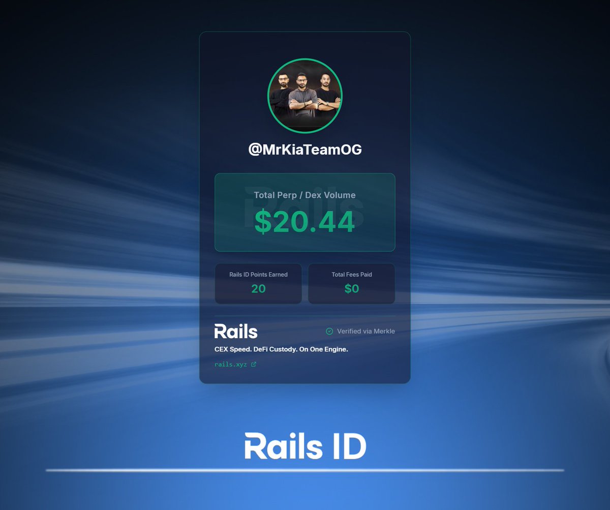 MrKiaTeamOG's tweet photo. Claimed my Rails ID. 20 Rails ID Points already locked in from my 20.44 total DEX volume.

The next step is starting an evaluation on Rails Play, the newest perps training ground from @rails_xyz, to earn boosted rewards.

Get your Rails ID: https://t.co/uZ4WMkNolb https://t.co/CGLSk5jgjF