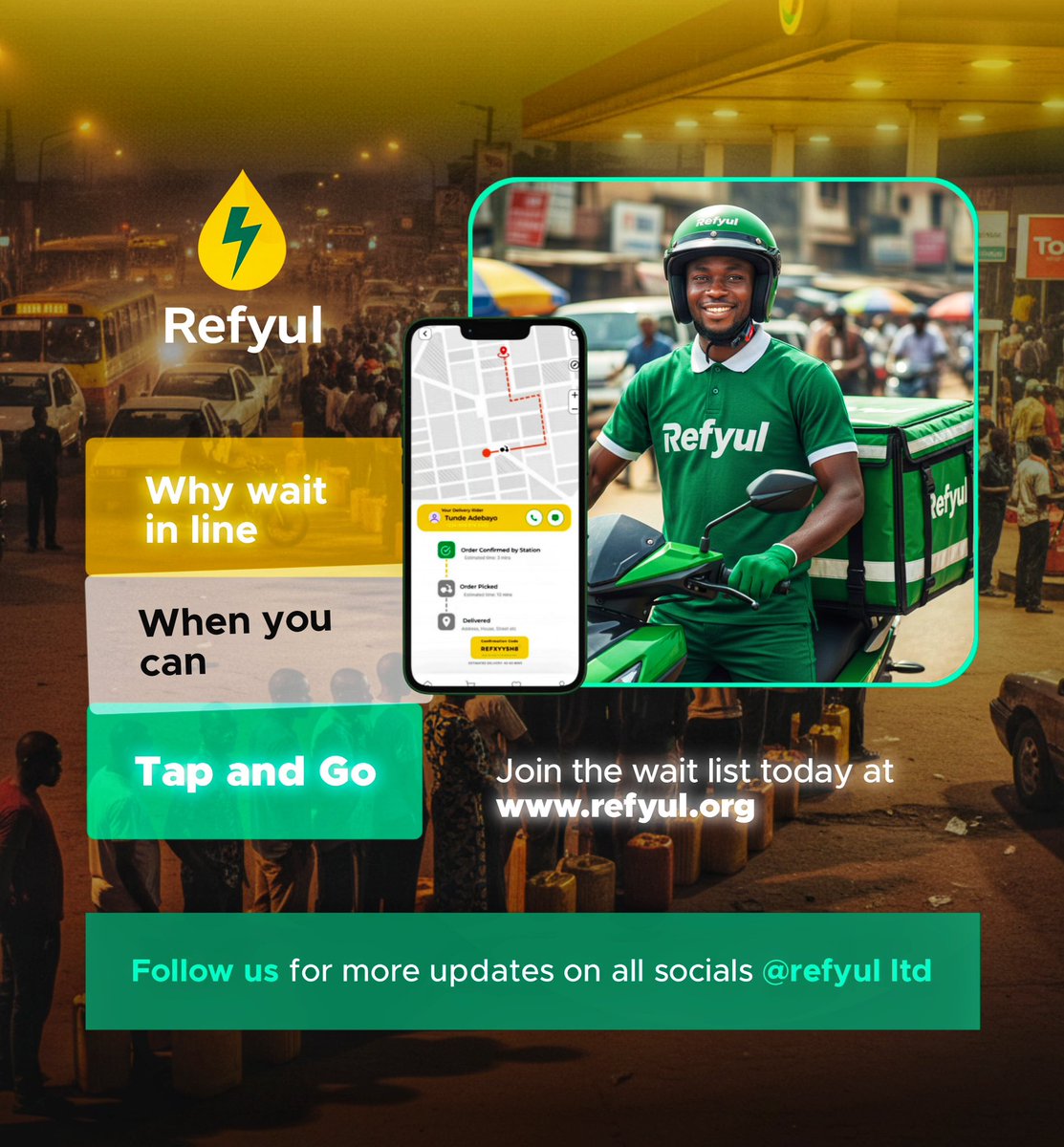 refyulltd's tweet photo. Tired of wasting 30+ minutes queuing at the fuel station every week?
What if I told you Refyul takes just 30 seconds.
Order on the app and get it delivered to your door Swiftly!
Join the waitlist & unlock 50% off your first Refyul order.
#refyul #refuelsmarter #fueldelivered https://t.co/WHYs9i2Hvi