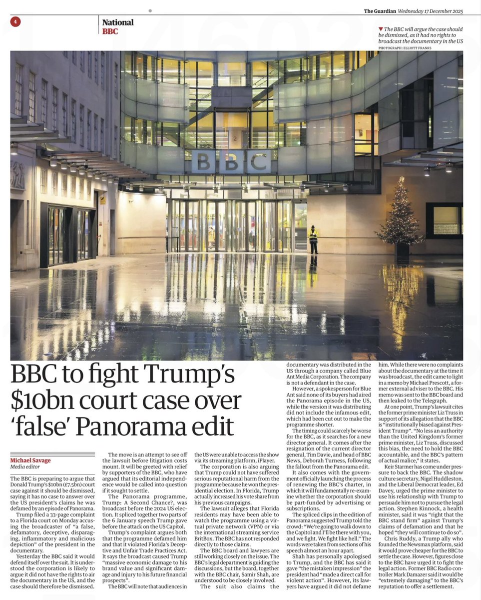 elliottfranks's tweet image. P4 The Guardian - BBC to fight Trump's $10Billion court case over 'false' Panorama edit. @guardian @BBCPolitics #photography #BBC #Weather #wet #reflection