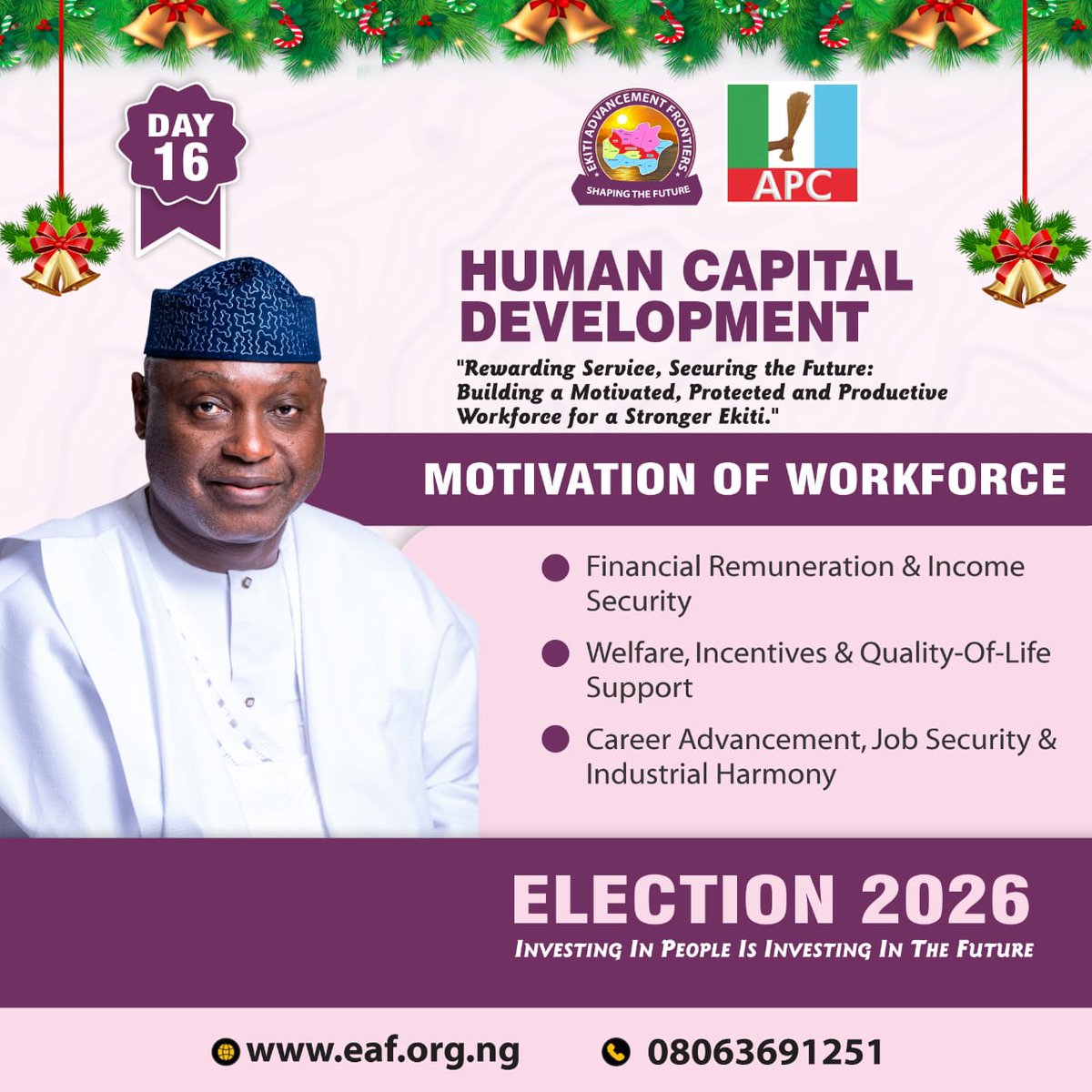 DAY 16

*HUMAN CAPITAL DEVELOPMENT*

*A Motivated Workforce, A Stronger Ekiti.*

*Powered by: EKITI ADVANCEMENT FRONTIER*

*"Rewarding Service, Securing the Future: Building a Motivated, Protected and Productive Workforce for a Stronger Ekiti."*
m.facebook.com/story.php?stor…