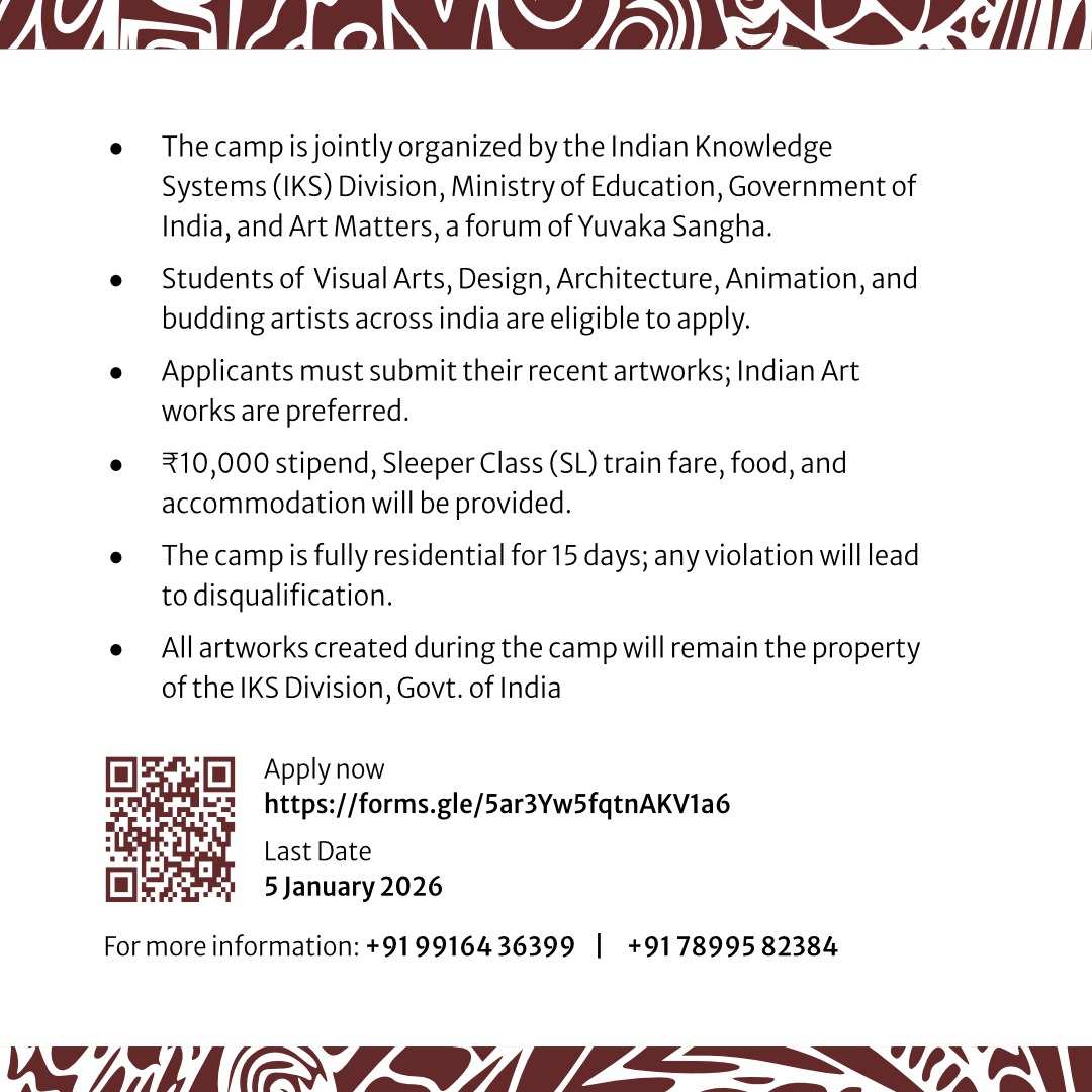 YuvakaSangha's tweet image. Calling Visual Art &amp;amp; Design students!
Join the National Camp on Indian Art and help archive Panchatantra stories through India’s traditional art forms.
Jan–Feb 2026 | 📍 Bengaluru
Apply by 5 Jan 2026

#IndianArt #ArtCamp #TraditionalArts #Panchatantra #IKS