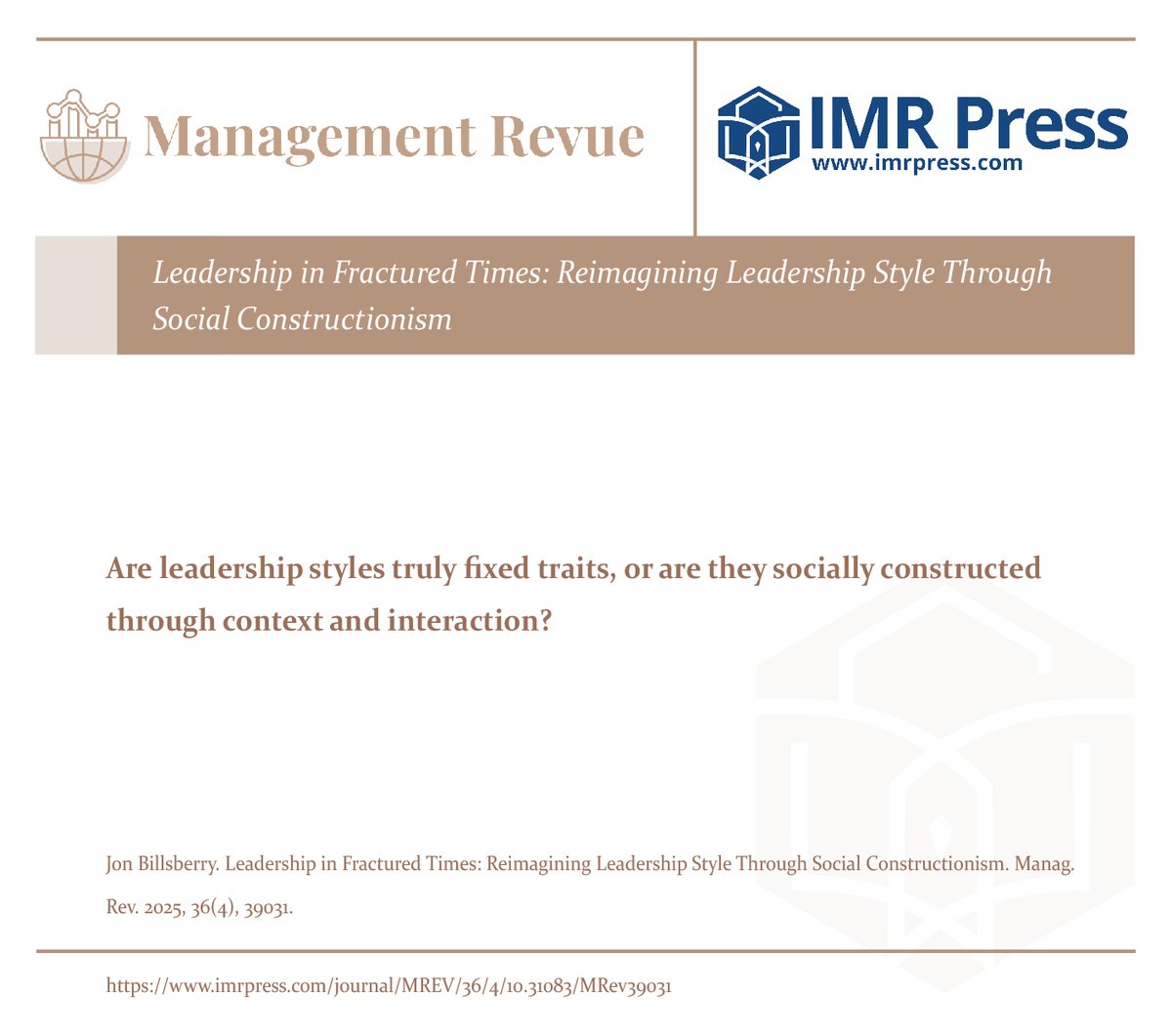 MRevue67421's tweet photo. ⚖The latest work from @latrobe and @UniDivinity by Prof. Jon Billsberry @Billsberry is now featured in MRev!
Article👉: https://t.co/fMT2VeKs5r
💡Are #leadership styles truly fixed traits, or are they socially constructed through context and interaction?
#OrganizationStudies https://t.co/ontxPoSWbn