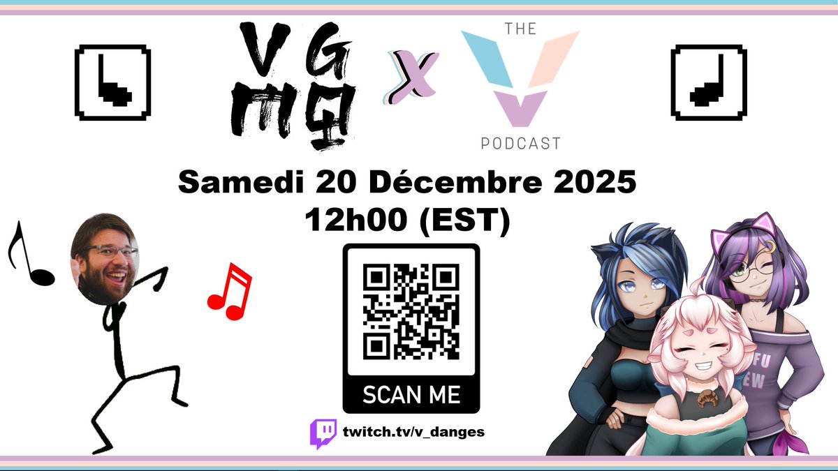 La 1ère édition "en distanciel" du Quiz de Musique de Jeux Vidéos (QMJV) sera diffusée sur la chaîne Twitch des V d’Anges, ce samedi, le 20 décembre à midi (EST)!

Le Quiz sera animé par le très charismatique Maxime Lavictoire (Emixamus) et il y aura quelques clés Steam à gagner!