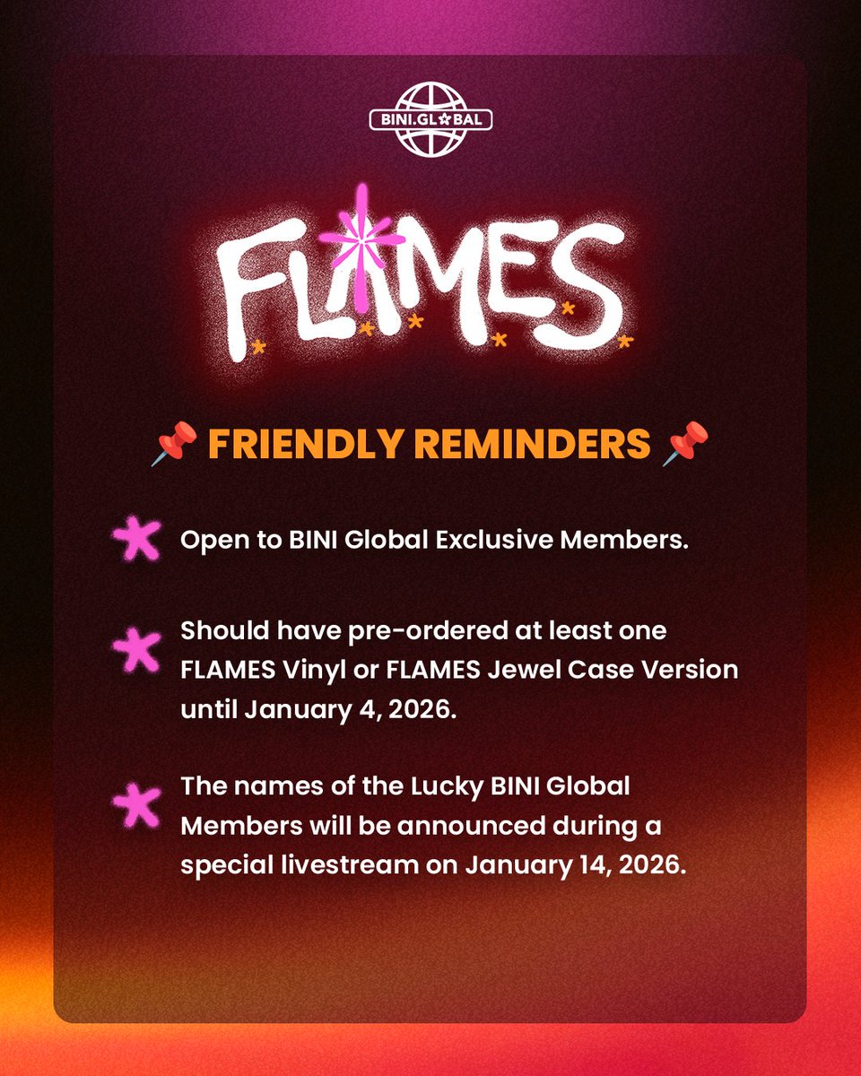 BINI Global Members! It’s time to manifest your signed ‘FLAMES’ album!🤞

You could be one of the LUCKY MEMBERS to receive a signed copy of the ‘FLAMES’ vinyl or jewel case album!🥹💿

Not yet a member? Sign up at BINI.Global now!
🔗 bit.ly/BINIExclusiveM…

#BINI